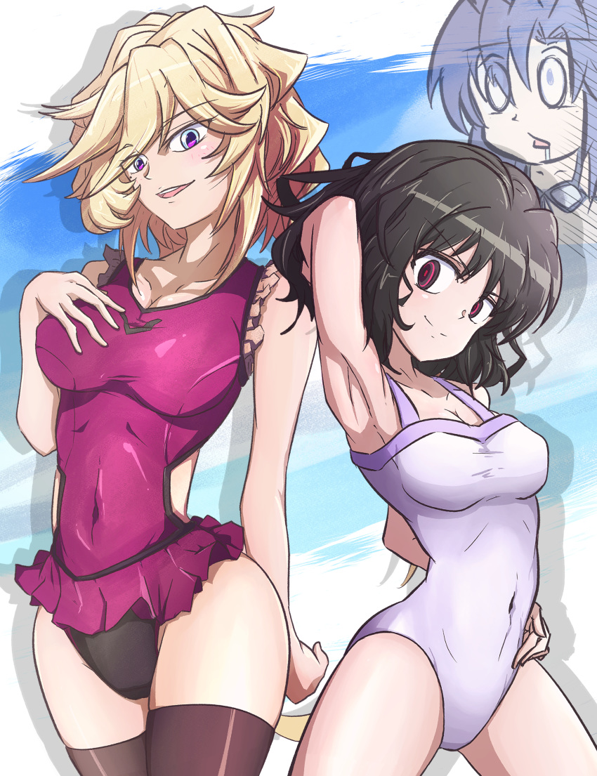 3girls absurdres armpits blonde_hair blue_hair blush breasts carol_malus_dienheim covered_navel frilled_swimsuit frills hamumen13 highres kazanari_tsubasa kohinata_miku large_breasts long_hair looking_at_viewer medium_breasts multiple_girls one-piece_swimsuit possessed purple_eyes purple_swimsuit ringed_eyes senki_zesshou_symphogear shem-ha shiny shiny_hair shiny_skin short_hair side_cutout sideless_outfit standing swimsuit thighhighs white_swimsuit