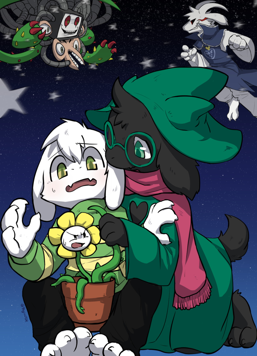 asriel_dreemurr asriel_dreemurr_(god_form) deltarune flowey_the_flower group hi_res kurogin_(artist) male ralsei undertale video_games