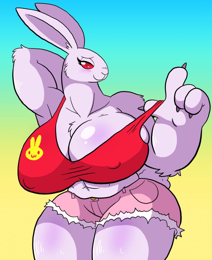 2020 4_fingers absurd_res alice_the_rabbit anthro big_breasts bloody_roar bottomwear breasts clothing female fingers fur hi_res huge_breasts lagomorph leporid looking_at_viewer mammal muscular muscular_female prinnydood rabbit red_eyes shirt shorts simple_background smile solo tank_top topwear ussy white_body white_fur