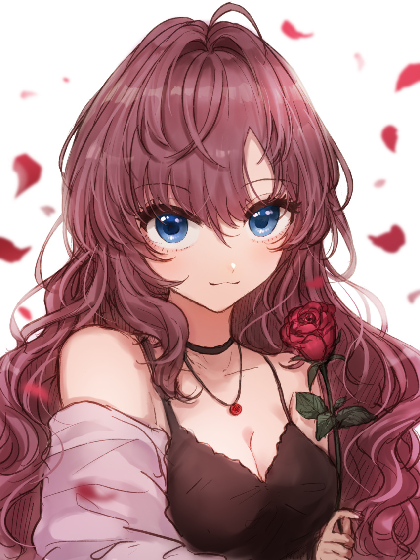 1girl :3 ahoge bangs bare_shoulders black_choker blue_eyes blurry blurry_background blush breasts brown_hair choker collarbone flower highres holding holding_flower ichinose_shiki idolmaster idolmaster_cinderella_girls jewelry kuromitsu_maria long_hair looking_at_viewer medium_breasts necklace off_shoulder petals red_flower rose simple_background smile solo upper_body wavy_hair white_background