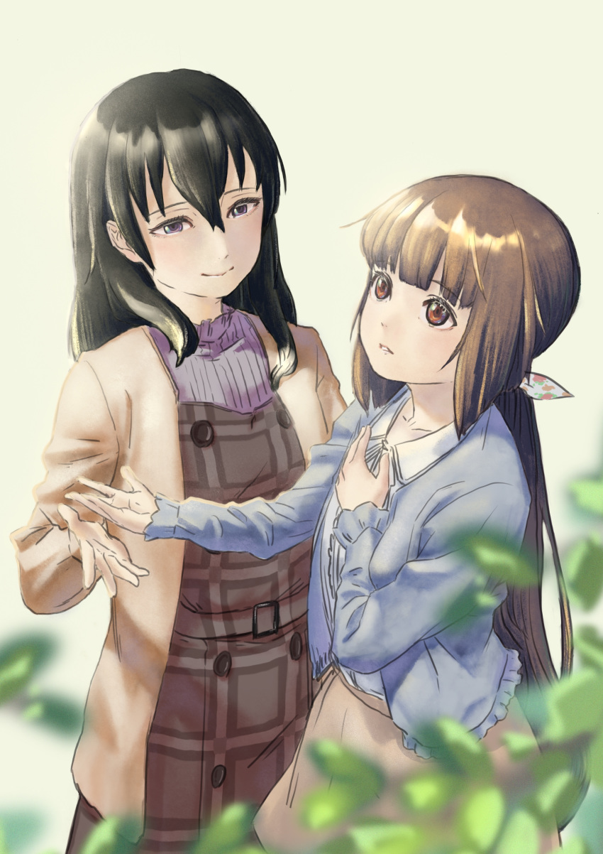 2girls absurdres black_hair blouse bow brown_eyes brown_hair coat collared_shirt cowboy_shot deg_(deguana) expressionless fujiwara_hajime hair_between_eyes hair_bow hand_on_own_chest highres idolmaster idolmaster_cinderella_girls leaf long_hair long_sleeves looking_at_another low_ponytail multiple_girls open_blouse open_clothes open_coat outstretched_hand parted_lips purple_eyes sanshi_suimei shirt simple_background skirt smile sweater very_long_hair yorita_yoshino