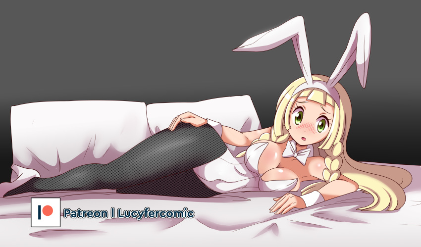 1girl absurdres animal_ears bangs blonde_hair blush braid breasts bunny bunny_ears bunny_girl bunnysuit cleavage covered_navel green_eyes highres indoors large_breasts lillie_(pokemon) long_hair looking_at_viewer lying on_bed on_side open_mouth pantyhose patreon_username pillow pokemon solo twin_braids zanatemx
