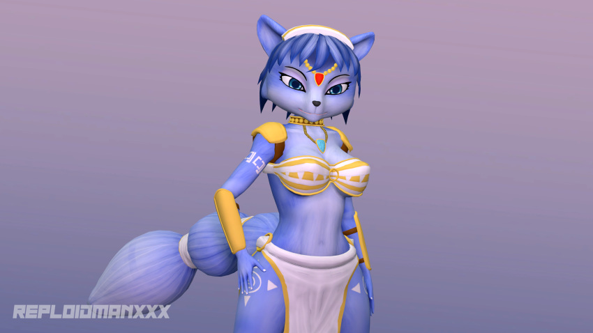 3d_(artwork) anthro big_breasts blue_body blue_fur blue_hair breasts canid canine clothed clothing digital_media_(artwork) female fox fur hair hi_res humanoid krystal mammal nintendo reploidmanxxx solo source_filmmaker star_fox video_games