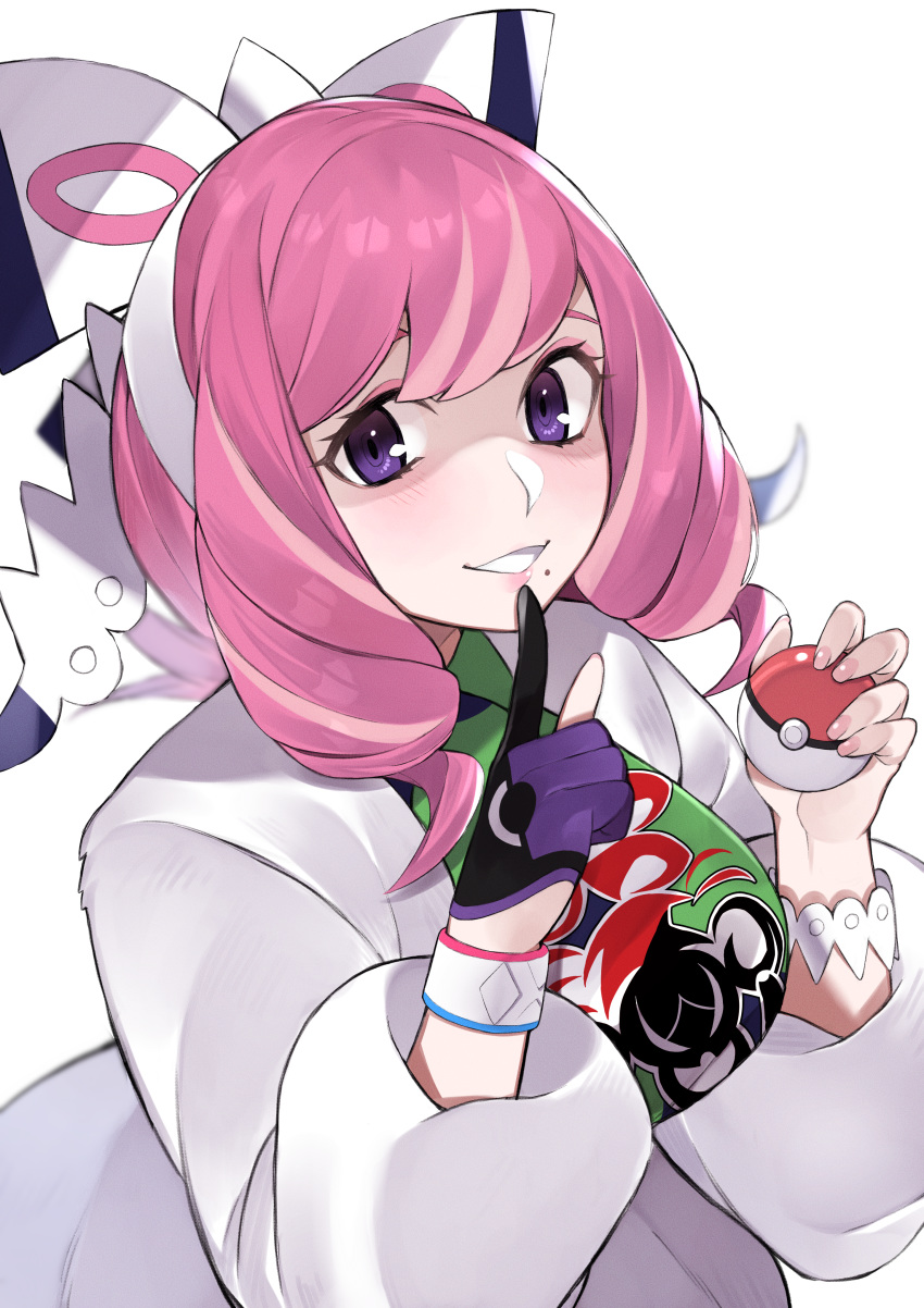 1girl absurdres bangs bow breasts coat commentary_request dynamax_band eyelashes finger_to_chin fur_coat gloves hairband highres holding holding_poke_ball kamekiti kurara_(pokemon) looking_at_viewer medium_hair mole mole_under_mouth partly_fingerless_gloves pink_hair pink_nails poke_ball poke_ball_(generic) pokemon pokemon_(game) pokemon_swsh purple_eyes simple_background single_glove smile solo teeth white_background white_bow white_coat wristband