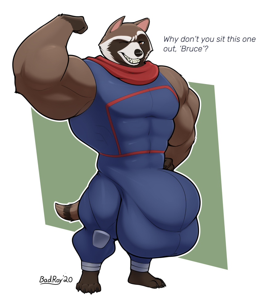 absurd_res anthro badroy bulge clothing flexing guardians_of_the_galaxy hi_res hyper male mammal marvel muscular procyonid raccoon rocket_raccoon solo tight_clothing