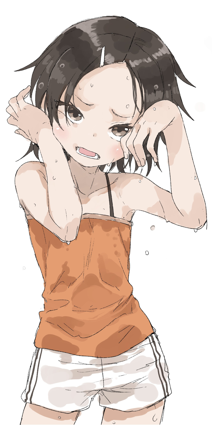 1girl absurdres bangs bare_arms bare_shoulders black_hair brown_camisole brown_eyes camisole collarbone commentary_request cowboy_shot forehead hair_ornament hairclip hands_up highres original parted_bangs short_shorts shorts simple_background solo standing sweat white_background white_shorts yamamoto_souichirou