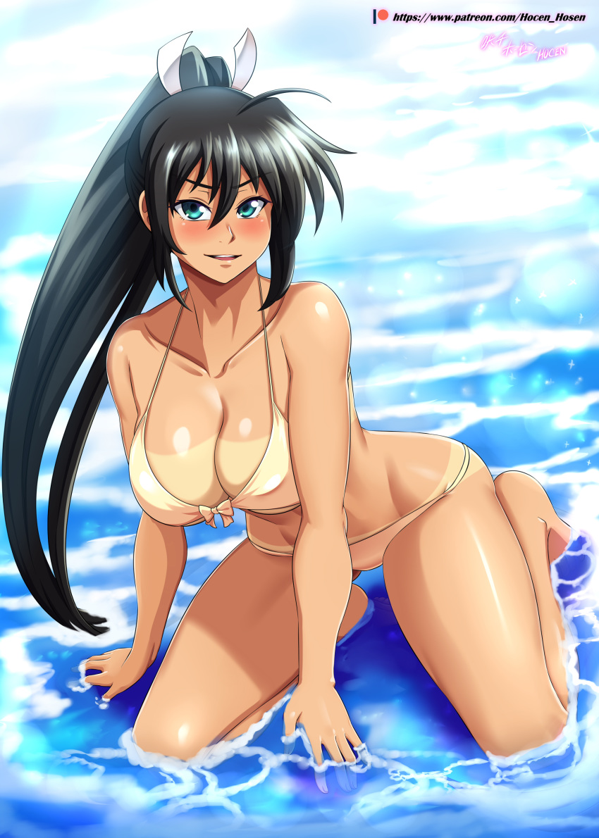 1girl absurdres ahoge artist_name bare_shoulders bikini black_hair blue_eyes blush breasts cleavage collarbone commentary_request day eyebrows_visible_through_hair full_body hair_between_eyes highres homura_(senran_kagura) in_water kneeling large_breasts long_hair looking_at_viewer midriff outdoors patreon_username ponytail senran_kagura sleeveless solo swimsuit tan tanline vilde_loh_hocen water watermark web_address