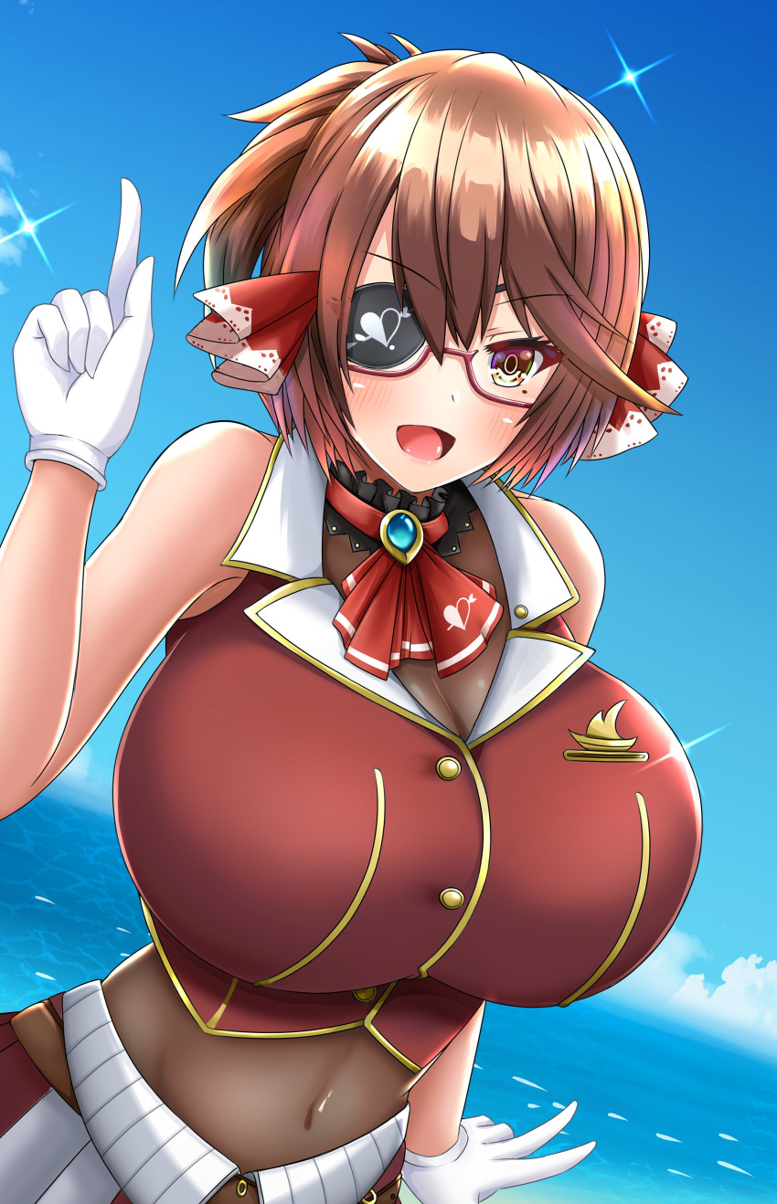 1girl absurdres adjusting_clothes adjusting_hat blue_sky blush breasts brown_hair cosplay eyepatch glasses gloves hat highres hololive houshou_marine houshou_marine_(cosplay) huge_breasts mameneko_pai mole mole_under_eye navel ocean orange_eyes original pirate red-framed_eyewear red_skirt short_hair skirt sky smile white_gloves