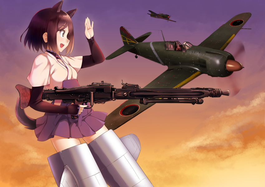 1girl 1other a9b_(louis814) absurdres animal_ears black_eyes black_hair black_shirt blue_skirt bob_cut cloud cloudy_sky commentary dog_ears dog_tail flying gradient_sky gun hakama_skirt highres holding holding_gun holding_weapon japanese_clothes kuroda_kunika long_sleeves looking_at_another machine_gun mg42 noble_witches open_mouth orange_sky outdoors pilot_suit pleated_skirt purple_sky roundel shirt short_hair short_over_long_sleeves short_sleeves skirt sky smile striker_unit tail twilight waving weapon white_shirt world_witches_series