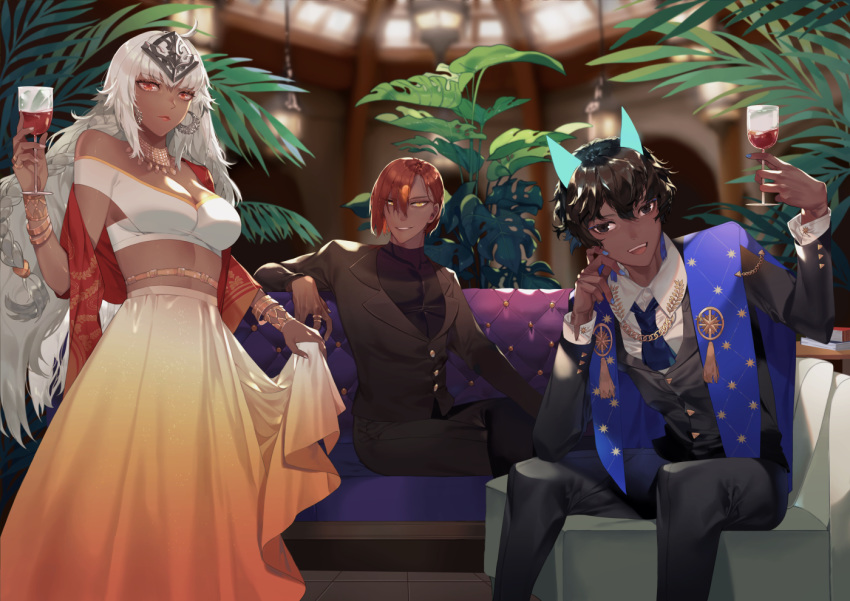 1girl 3boys alcohol arjuna_alter ashwatthama_(fate/grand_order) black_eyes black_hair black_jacket black_pants black_undershirt blue_nails blue_neckwear bracelet breasts brown_hair cleavage commentary_request couch cup dark_skin drinking_glass earrings fate/grand_order fate_(series) fern formal hair_ornament headpiece holding holding_cup jacket jewelry lakshmibai_(fate/grand_order) large_breasts long_hair long_skirt looking_at_viewer multiple_boys nail_polish necktie pants pink_nails red_eyes ring shei99 shirt sitting skirt skirt_lift suit white_hair white_shirt white_skirt wine wine_glass yellow_eyes
