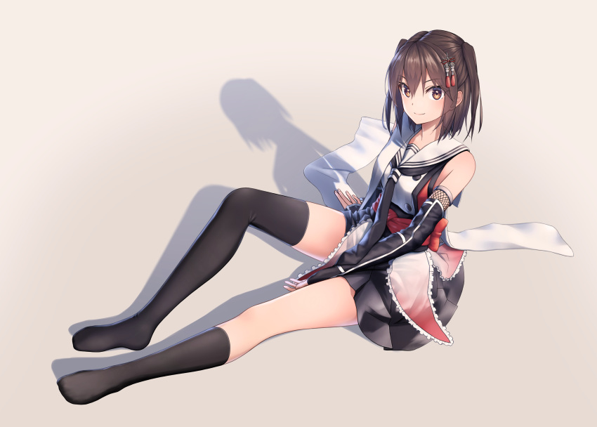 1girl absurdres black_gloves black_legwear black_neckwear black_skirt brown_eyes brown_hair collar commentary double-breasted elbow_gloves fingerless_gloves full_body gloves highres kantai_collection kneehighs looking_at_viewer necktie rankebu remodel_(kantai_collection) sailor_collar scarf scarf_removed school_uniform sendai_(kantai_collection) serafuku shadow short_hair single_kneehigh single_thighhigh sitting skirt sleeveless solo thighhighs two_side_up white_sailor_collar white_scarf