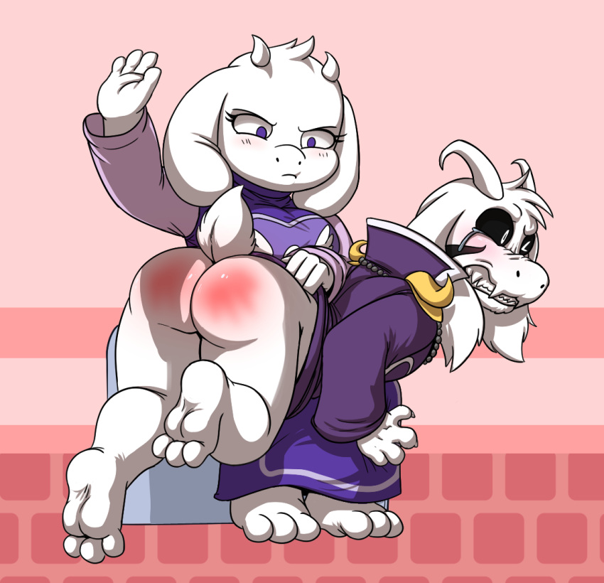 3_toes 4_fingers anthro asriel_dreemurr_(god_form) black_sclera bodily_fluids boss_monster bovid butt caprine clothing duo fingers fur horn lkiws mammal on_lap purple_clothing reddened_butt robe soles spank_marks spanking tears teeth toes toriel undertale video_games white_body white_ears white_fur white_horn