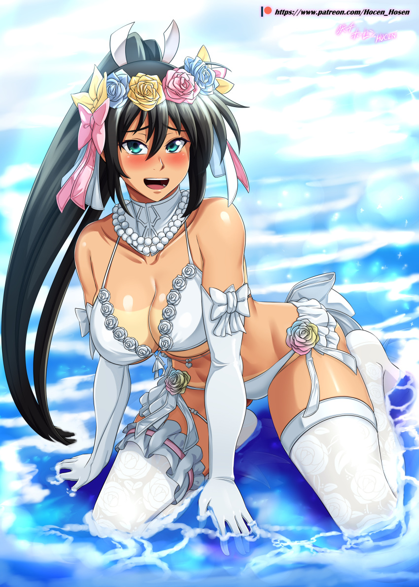 1girl absurdres ahoge artist_name bare_shoulders bead_necklace beads bikini black_hair blue_eyes blush bow breasts cleavage collarbone commentary_request day detached_collar elbow_gloves eyebrows_visible_through_hair flower full_body gloves hair_between_eyes hair_flower hair_ornament highres homura_(senran_kagura) in_water jewelry kneeling large_breasts long_hair looking_at_viewer midriff necklace open_mouth outdoors patreon_username ponytail rose senran_kagura sleeveless solo swimsuit tan tanline teeth thighhighs tongue vilde_loh_hocen water watermark web_address