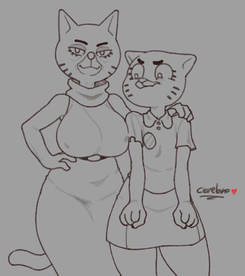 anthro big_breasts breasts cartoon_network cerebropodrido clothed clothing daughter domestic_cat duo felid feline felis female fully_clothed greyscale hi_res mammal mary_senicourt mature_female monochrome mother mother_and_child mother_and_daughter nicole_watterson parent parent_and_child the_amazing_world_of_gumball