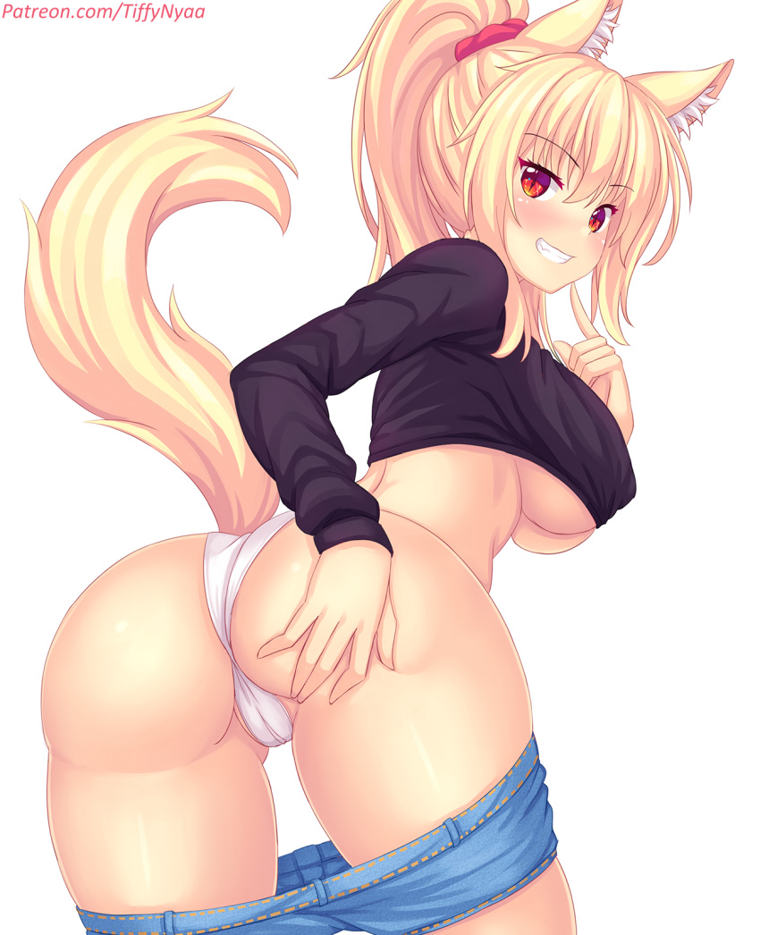 animal_ears ass ass_grab cameltoe erect_nipples fast-runner-2024 no_bra pantsu shirt_lift tail thong tiffy underboob