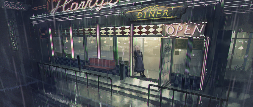 1girl apron bench chromatic_aberration hands_in_pockets highres kurohal lamp leaning_back maid maid_apron maid_headdress neon_lights open_sign original rain restaurant scenery shoes smoking trash_can white_hair