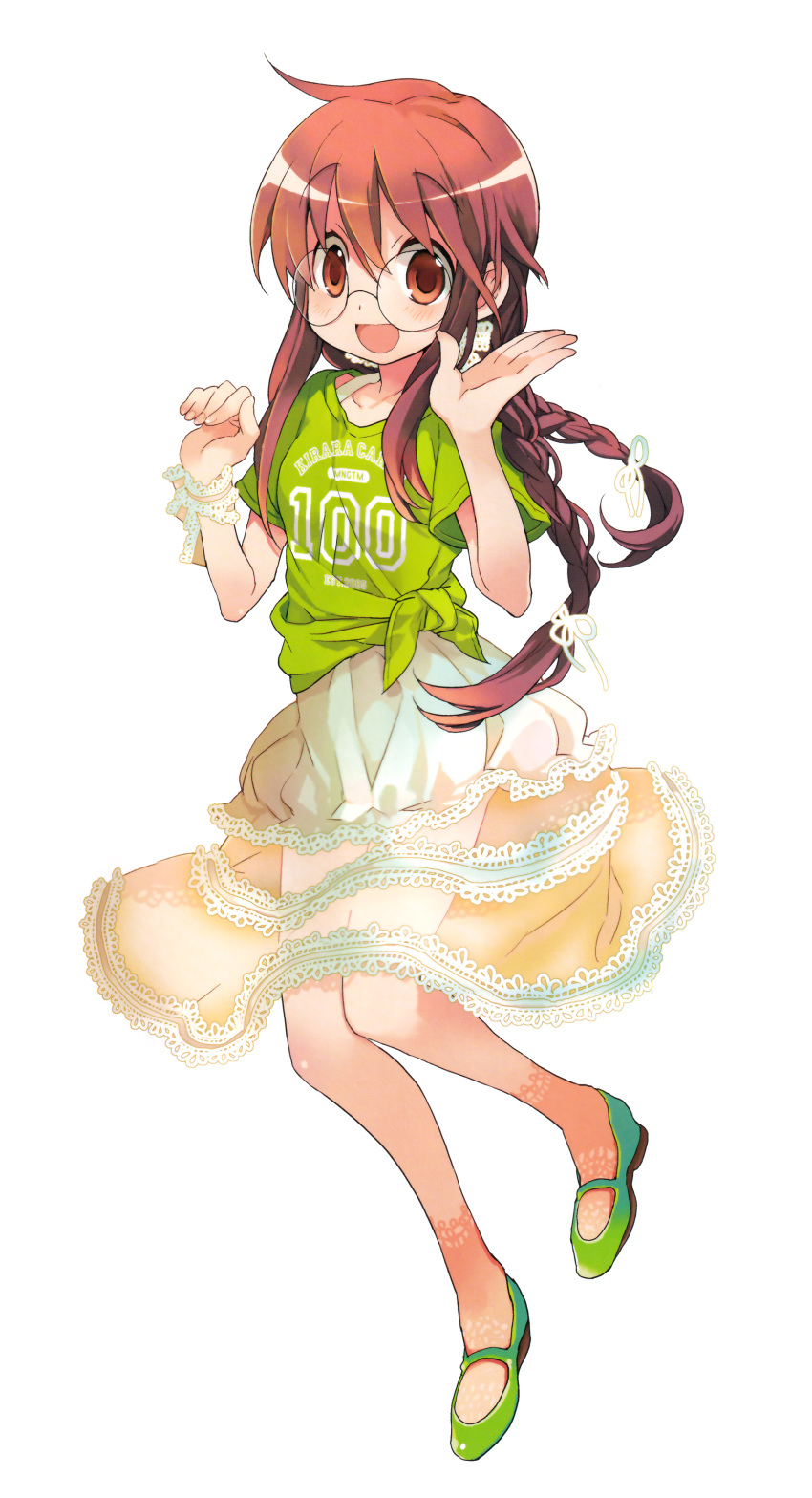 1girl absurdres braid brown_eyes brown_hair full_body ga_geijutsuka_art_design_class glasses green_footwear green_shirt hair_ribbon highres kiyuzuki_satoko long_hair long_skirt looking_at_viewer no_socks official_art open_mouth ribbon round_eyewear see-through_skirt shirt skirt solo t-shirt twin_braids white_background yamaguchi_kisaragi