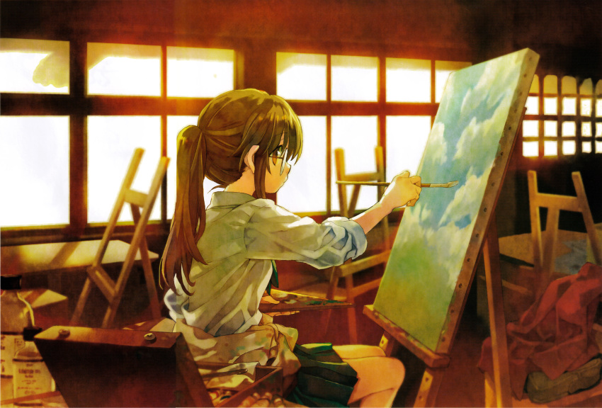 1girl absurdres art_brush brown_eyes brown_hair canvas_(object) classroom clothes_around_waist from_side ga_geijutsuka_art_design_class glance glasses green_skirt highres holding holding_paintbrush jacket_around_waist kiyuzuki_satoko long_hair looking_at_viewer off_shoulder official_art paint_tube paintbrush painting palette pleated_skirt ponytail round_eyewear school_uniform shirt sitting skirt sleeves_rolled_up solo twilight white_shirt yamaguchi_kisaragi