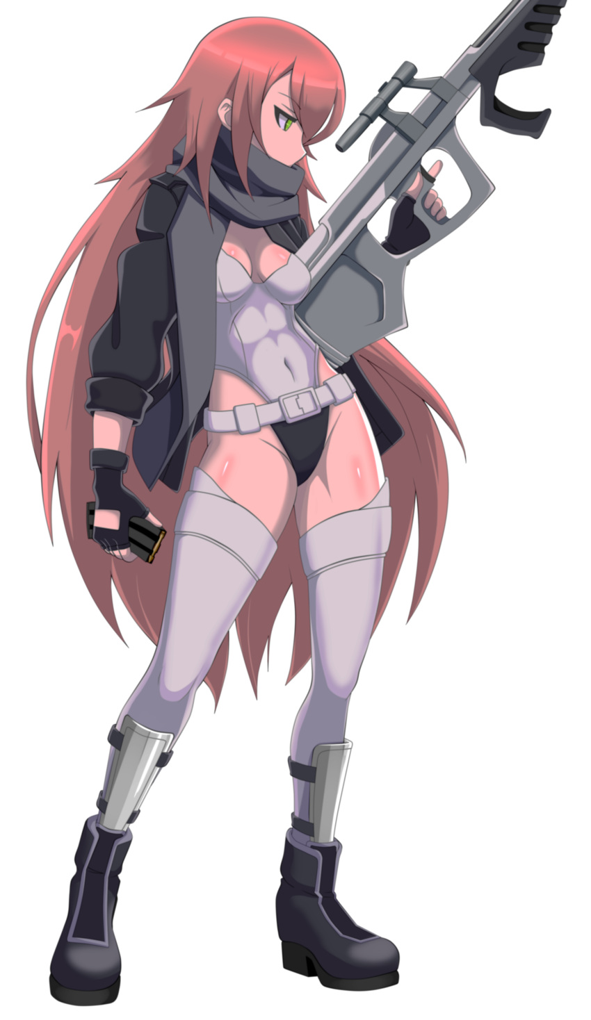 1girl absurdres belt boots breasts cleavage cosplay cz2128_delta fingerless_gloves ghost_in_the_shell gloves green_eyes gun hh_101 highleg highleg_leotard highres holding holding_gun holding_weapon jacket kusanagi_motoko kusanagi_motoko_(cosplay) leotard long_hair open_clothes open_jacket overlord_(maruyama) pink_hair scarf thighhighs trigger_discipline very_long_hair weapon