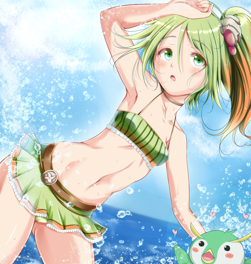 1girl :o ahoge armpits bangs bare_shoulders belt bikini bikini_skirt bird blue_sky blush breasts brown_belt brown_choker choker cloud collarbone commentary_request cowboy_shot day duel_angel duel_monster dutch_angle eyebrows_visible_through_hair gradient_hair green_bikini green_eyes green_hair groin hair_between_eyes hair_ornament hand_on_own_head heart highres long_hair looking_up midriff multicolored_hair navel ocean open_mouth orange_hair penguin pilica_descendant_of_gusto ponytail seashell_hair_ornament side_ponytail sidelocks sky small_breasts solo_focus spiritual_beast_rampengu standing swimsuit two-tone_hair water_drop waves yuu-gi-ou