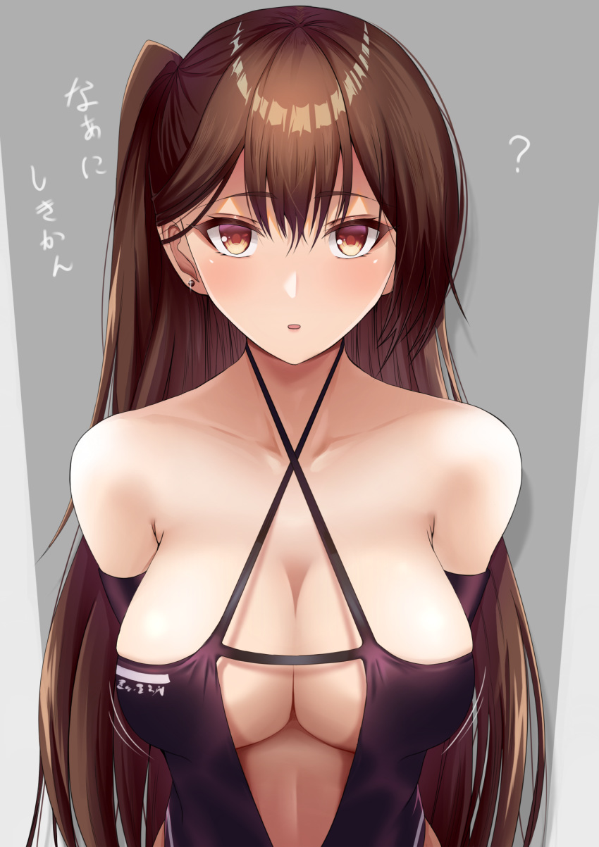 1girl ? azur_lane blush breasts brown_eyes brown_hair cleavage earrings hair_between_eyes highres jewelry large_breasts long_hair looking_at_viewer ohiya revealing_clothes side_ponytail solo spoken_question_mark translation_request upper_body very_long_hair zuikaku_(azur_lane)