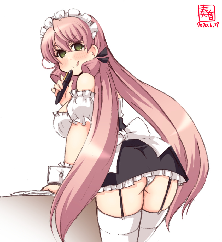 1girl akashi_(kantai_collection) alternate_costume apron artist_logo black_skirt blouse breasts commentary_request cowboy_shot dated enmaided frilled_apron frilled_blouse frilled_skirt frills from_behind garter_straps green_eyes hair_ribbon heart heart-shaped_pupils highres kanon_(kurogane_knights) kantai_collection large_breasts leaning_forward long_hair looking_at_viewer looking_back maid maid_headdress one_eye_closed panties pantyshot pen pink_hair pleated_skirt ribbon simple_background skirt smile solo suspender_skirt suspenders symbol-shaped_pupils table thighhighs tress_ribbon underwear waist_apron white_apron white_background white_blouse white_legwear white_panties