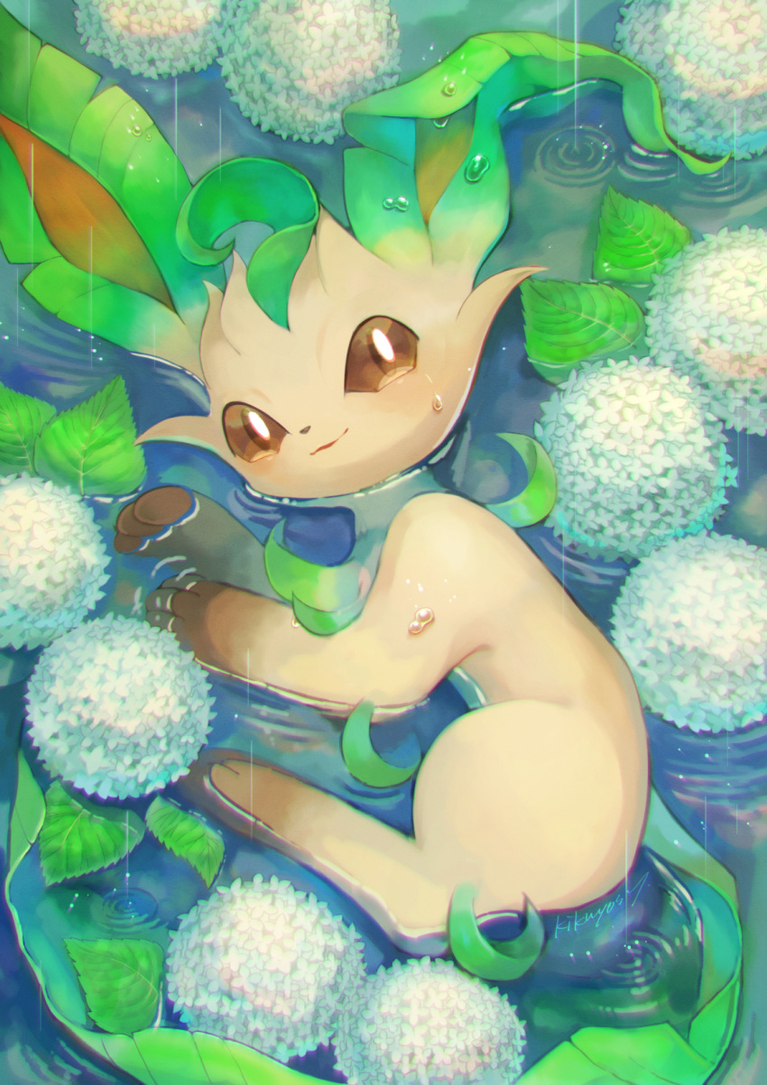 brown_eyes brown_sclera closed_mouth commentary_request gen_4_pokemon highres kikuyoshi_(tracco) leaf leafeon looking_at_viewer looking_up lying no_humans on_side partially_submerged pokemon pokemon_(creature) rain solo water