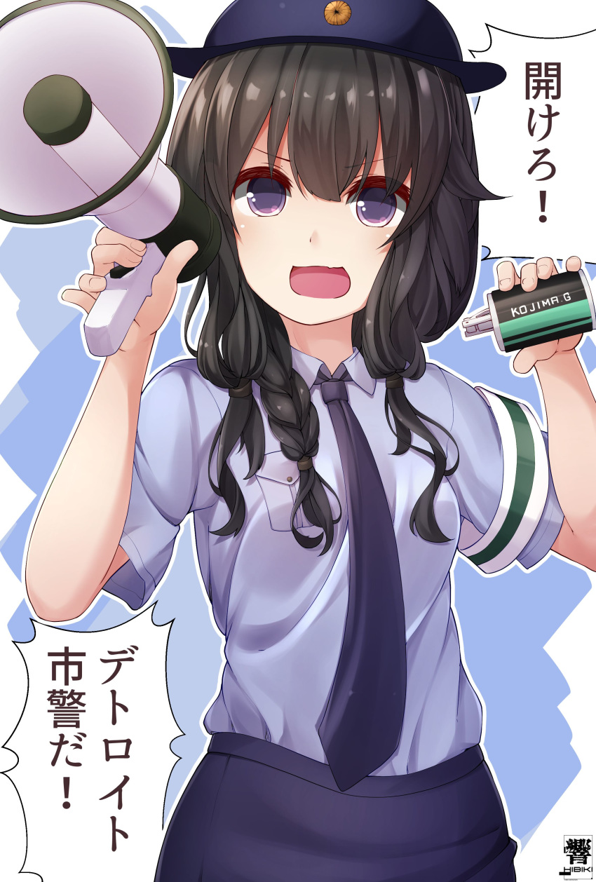 1girl absurdres alternate_costume black_hair black_neckwear blue_shirt blush braid collared_shirt eyebrows_visible_through_hair hibiki_zerocodo highres holding kantai_collection kitakami_(kantai_collection) long_hair necktie open_mouth police police_uniform policewoman purple_eyes shirt short_sleeves signature single_braid solo speech_bubble translated uniform