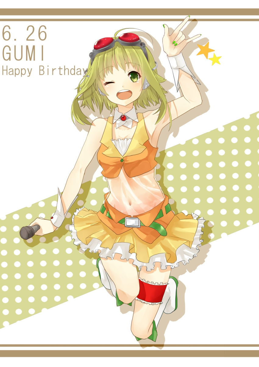 1girl \m/ ahoge bare_shoulders brooch character_name commentary crop_top detached_collar frilled_skirt frills goggles goggles_on_head green_eyes green_hair green_nails gumi hand_up happy_birthday highres holding holding_microphone jewelry layered_skirt legs_up looking_at_viewer microphone midriff nail_polish navel one_eye_closed open_mouth orange_shirt red_goggles see-through shadow shirt short_hair shun-syun skirt sleeveless sleeveless_shirt smile solo star thigh_strap vocaloid y yellow_skirt