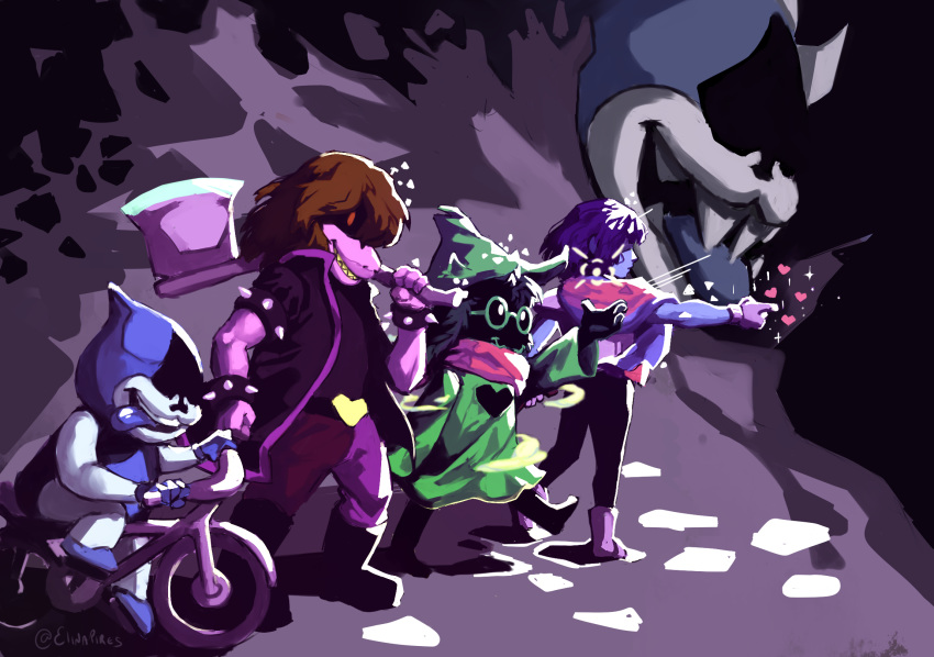 &lt;3 2018 anthro axe bicycle bovid caprine clothing deltarune elinapires eyewear female footwear glasses goat group hair hi_res human king_spade kris_(deltarune) lancer_(deltarune) male mammal melee_weapon monster open_mouth ralsei scalie signature susie_(deltarune) tongue tongue_out video_games weapon