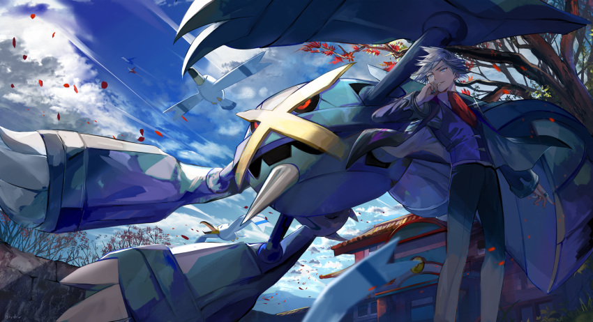 1boy architecture ascot autumn_leaves bangs black_pants blue_eyes blue_jacket blue_sky blue_vest border0715 building cloud east_asian_architecture flying gen_3_pokemon hand_on_own_head highres jacket jewelry latias latios legendary_pokemon long_sleeves looking_away male_pubic_hair metagross open_clothes open_jacket outdoors pants parted_lips pokemon pokemon_(creature) pubic_hair red_neckwear ring short_hair silver_hair sky solo standing tree tsuwabuki_daigo vest wind wingull