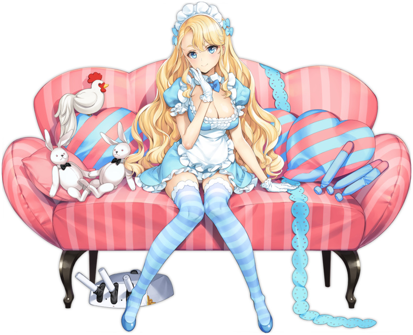 1girl alternate_costume apron arm_up azur_lane bangs blonde_hair blue_bow blue_dress blue_eyes blue_footwear blue_legwear blue_neckwear blush bow bowtie breasts cleavage cleavage_cutout collar couch detached_collar dress emile_bertin_(azur_lane) emile_bertin_(fantastique_maid)_(azur_lane) enmaided eyebrows_visible_through_hair frills gloves hair_bow hair_ornament hand_on_own_cheek hand_on_own_face knees_together_feet_apart large_breasts long_hair looking_at_viewer maid maid_headdress official_art ooyari_ashito panties panty_peek pantyshot pillow puffy_short_sleeves puffy_sleeves ribbon shoes short_dress short_sleeves sitting smile solo striped striped_legwear stuffed_animal stuffed_toy thigh_gap thighhighs thighs torpedo transparent_background underwear upskirt very_long_hair white_apron white_collar white_gloves white_panties