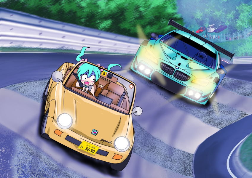 39 bare_shoulders blush commentary crowd crying crying_with_eyes_open driving gapinelu grey_shirt hair_ribbon hatsune_miku headlight highres long_hair nurburgring open_mouth outdoors racecar racetrack ribbon scared seatbelt shirt sleeveless sleeveless_shirt spoiler_(automobile) sweat tears turn_pale twintails vocaloid wide-eyed