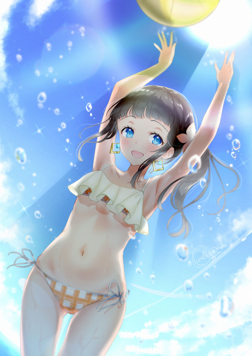 1girl :d absurdres armpits arms_up ball bare_arms bare_shoulders beachball bikini black_hair blue_eyes blue_sky brown_flower cloud collarbone commentary_request day earrings flower groin hair_flower hair_ornament highres jewelry long_hair looking_at_viewer luna_(mi-chanman) navel open_mouth original outdoors plaid plaid_bikini side-tie_bikini side_ponytail sidelocks sky smile solo swimsuit water_drop wet
