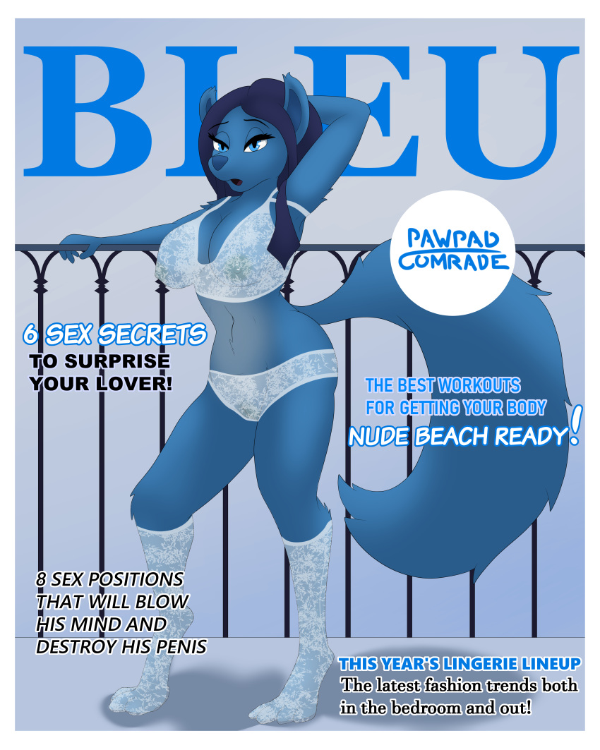 4:5 absurd_res anthro big_breasts border bra breasts clitoris clothing cover english_text female genitals hair hi_res inside jess_(pawpadcomrade) legwear lingerie long_hair looking_at_viewer magazine_cover open_mouth pawpadcomrade pussy solo standing text translucent translucent_clothing underwear white_border