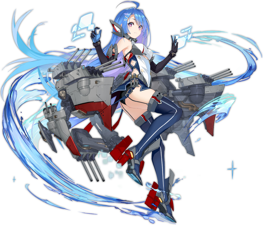 1girl ahoge argyle_cutout azur_lane bangs bare_shoulders black_gloves blue_hair breasts dress elbow_gloves eyebrows_visible_through_hair from_side garter_straps gloves hair_ornament helena_(azur_lane) highres long_hair looking_at_viewer official_art purple_eyes realmbw retrofit_(azur_lane) skindentation solo taut_clothes taut_dress transparent_background two-tone_dress very_long_hair