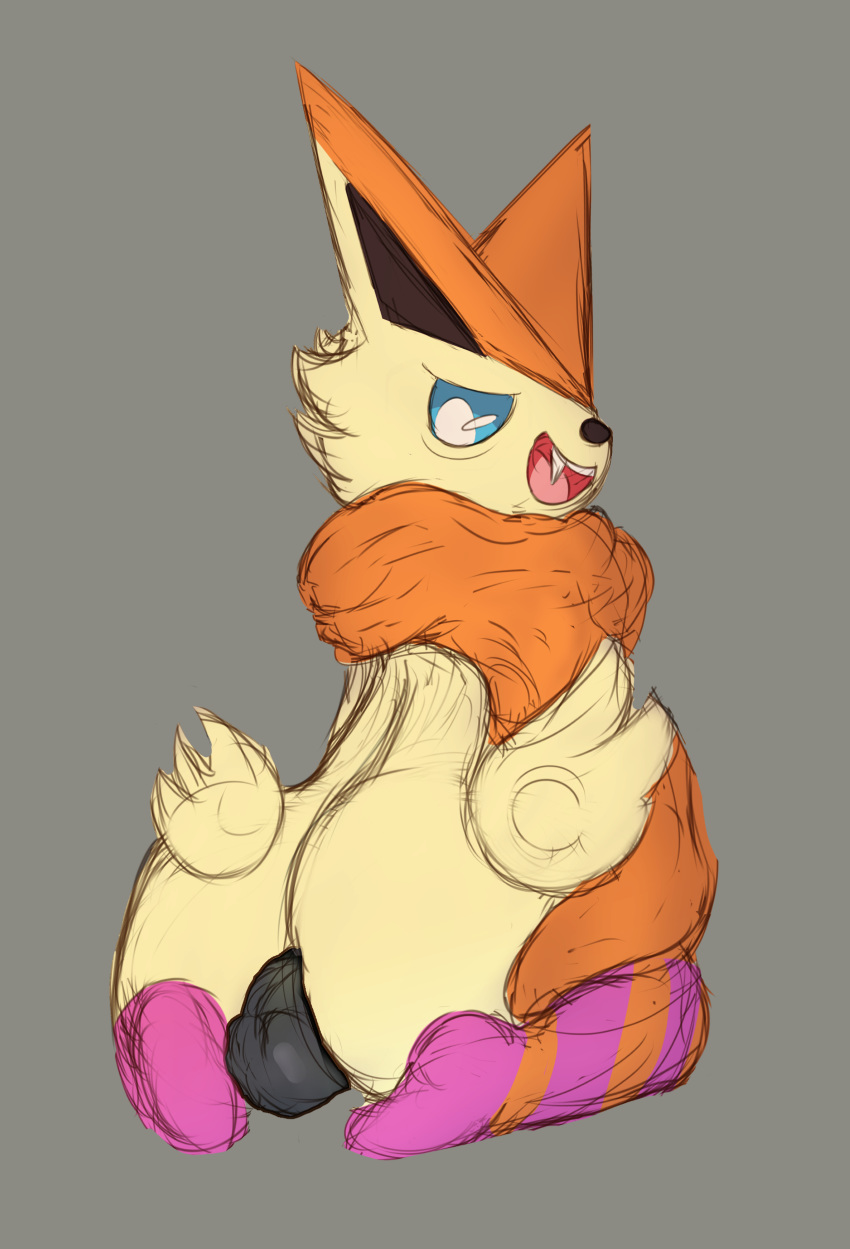 2020 absurd_res anthro backsack balls big_butt blue_sclera butt clothed clothing fangs fur genitals girly grey_background hi_res legendary_pok&eacute;mon legwear looking_at_viewer looking_back male multicolored_body multicolored_fur nintendo open_mouth orange_body orange_fur pattern_clothing pattern_legwear pok&eacute;mon pok&eacute;mon_(species) presenting presenting_hindquarters rear_view simple_background solo stockings striped_clothing striped_legwear striped_stockings stripes tan_body tan_fur topless two_tone_body two_tone_fur unknown_artist vandan_(svric) victini video_games white_eyes