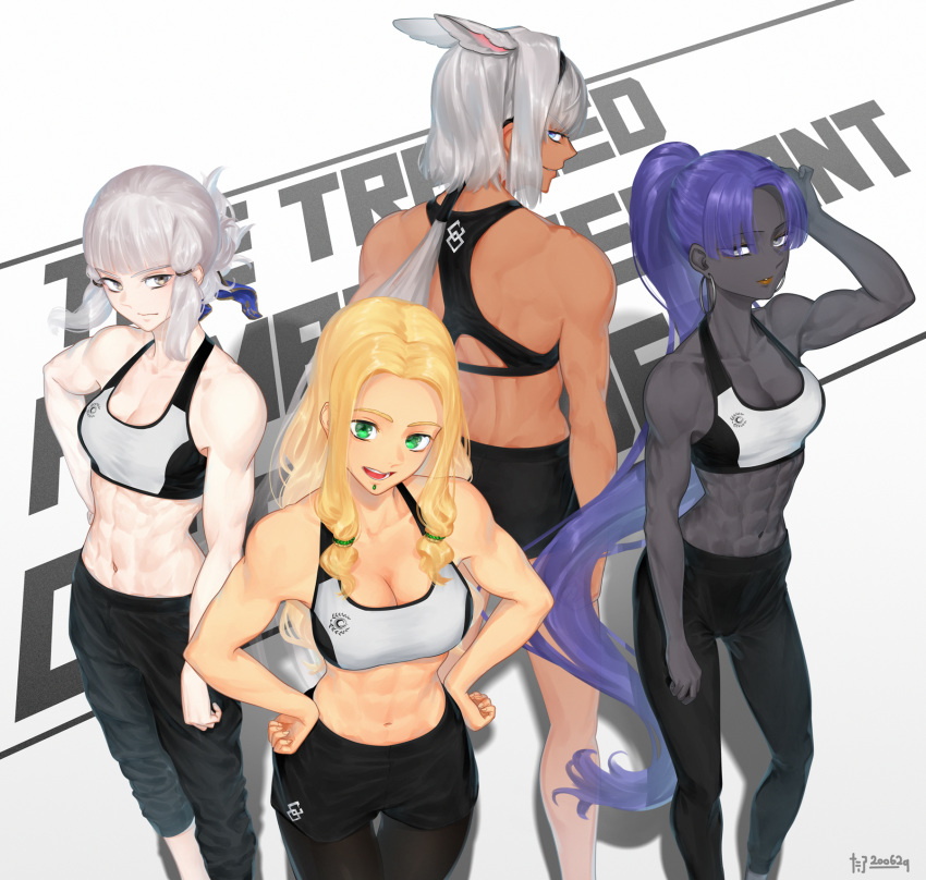 4girls abs animal_ears ass assassin_(fate/zero) back bangs bare_shoulders biceps black_pants black_shorts blonde_hair blue_eyes blue_ribbon blunt_bangs bra breasts caenis_(fate) chin_piercing cleavage closed_mouth collarbone dark_skin earrings fate/grand_order fate/zero fate_(series) female_assassin_(fate/zero) forehead green_eyes grey_eyes grey_hair grey_skin hair_ribbon half_updo hands_on_hips highres hoop_earrings jewelry large_breasts legwear_under_shorts long_hair looking_at_viewer looking_back medium_breasts multiple_girls muscle muscular_female navel open_mouth pants pantyhose parted_bangs parted_lips penthesilea_(fate/grand_order) ponytail purple_hair quetzalcoatl_(fate/grand_order) ribbon shorts sidelocks smile sports_bra tafuu_(tortafu) thighs tight tight_pants toned underwear very_long_hair white_bra yellow_eyes yoga_pants