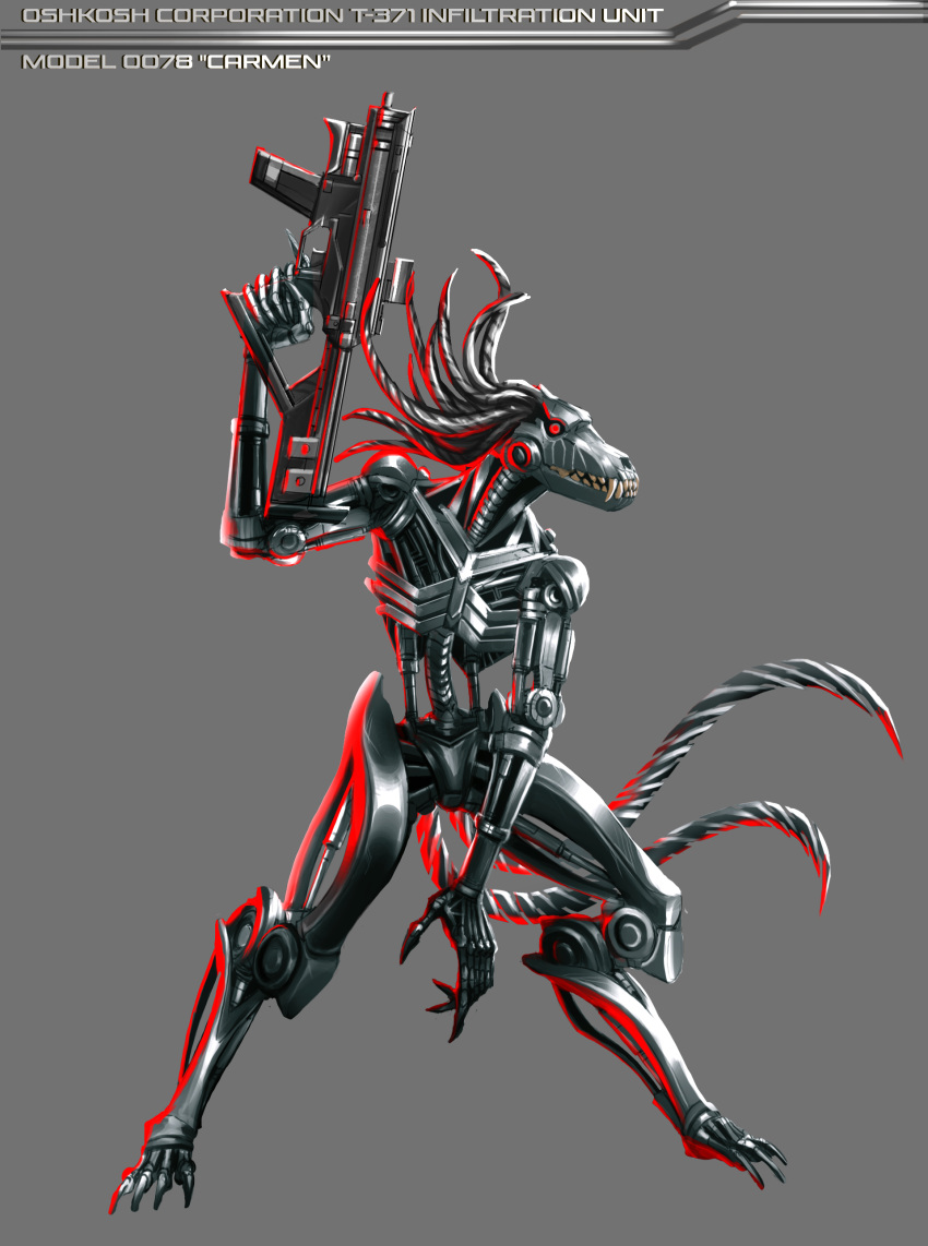 2_tails 6_fingers absurd_res ambiguous_gender anthro athavan bone canid canine canis carmen_ghia english_text fingers grey_background gun head_tails hi_res hydraulics machine mammal metal multi_tail out_of_the_dark ranged_weapon red_eyes ribs robot shongairi simple_background skull solo spine standing tail_blade teeth text weapon wolf