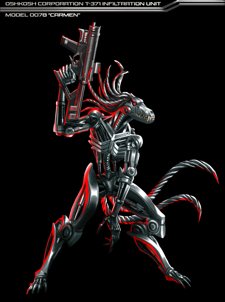 2_tails 6_fingers absurd_res ambiguous_gender anthro athavan black_background bone canid canine canis carmen_ghia english_text fingers gun head_tails hi_res hydraulics machine mammal metal multi_tail out_of_the_dark ranged_weapon red_eyes ribs robot shongairi simple_background skull solo spine standing tail_blade teeth text weapon wolf