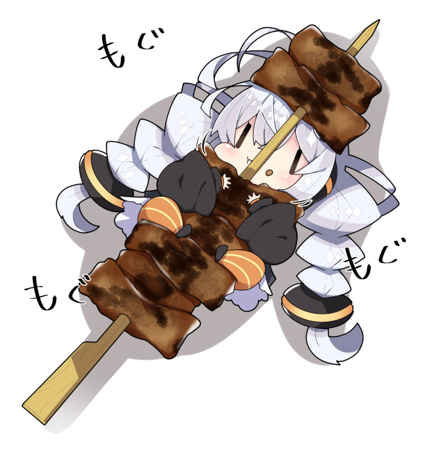 1girl :t antenna_hair bangs black_footwear black_jacket braid chibi closed_mouth commentary eating food food_on_face hair_between_eyes hair_ornament highres jacket kebab kizuna_akari long_hair long_sleeves meat milkpanda minigirl object_hug orange_legwear pantyhose puffy_long_sleeves puffy_sleeves shadow shoes silver_hair skewer solo striped striped_legwear translated twin_braids twintails vertical-striped_legwear vertical_stripes very_long_hair voiceroid wavy_mouth white_background yakitori |_|