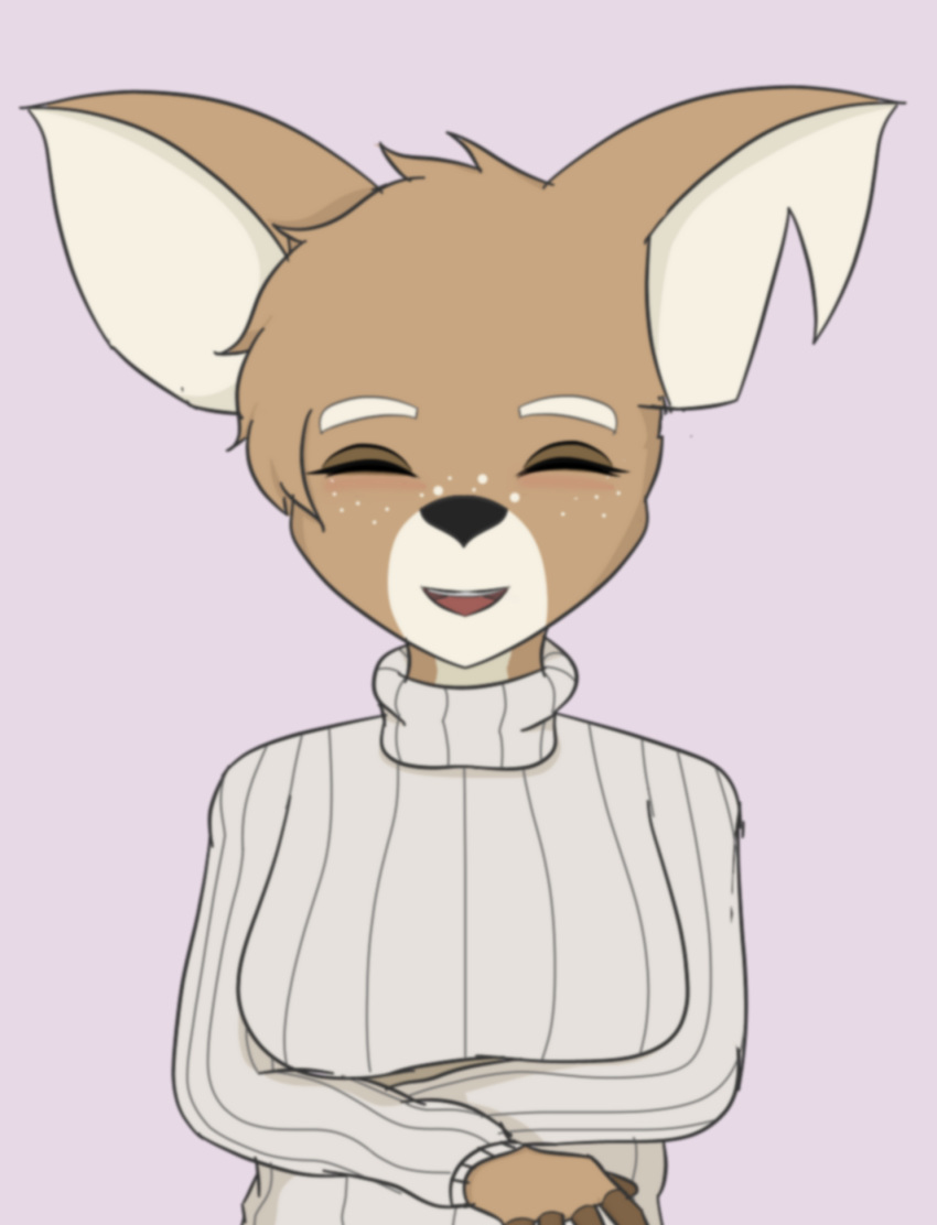 anthro blush cervid clothing eyebrows eyes_closed female fluffy fluffy_hair freckles hair happy hi_res mammal nikita parsnip_(game) portrait smile solo spots sweater the_testimony_of_trixie_glimmer_smith thick_eyebrows topwear