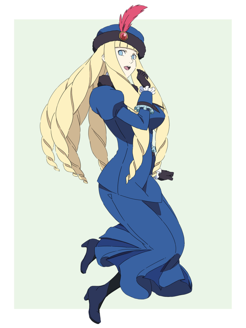 beret big_hair black_footwear black_gloves blonde_hair blue_eyes boots brooch dianna_soreil dress drill_hair feathers frills gasora gloves gundam hat hat_feather highres jewelry smile turn_a_gundam