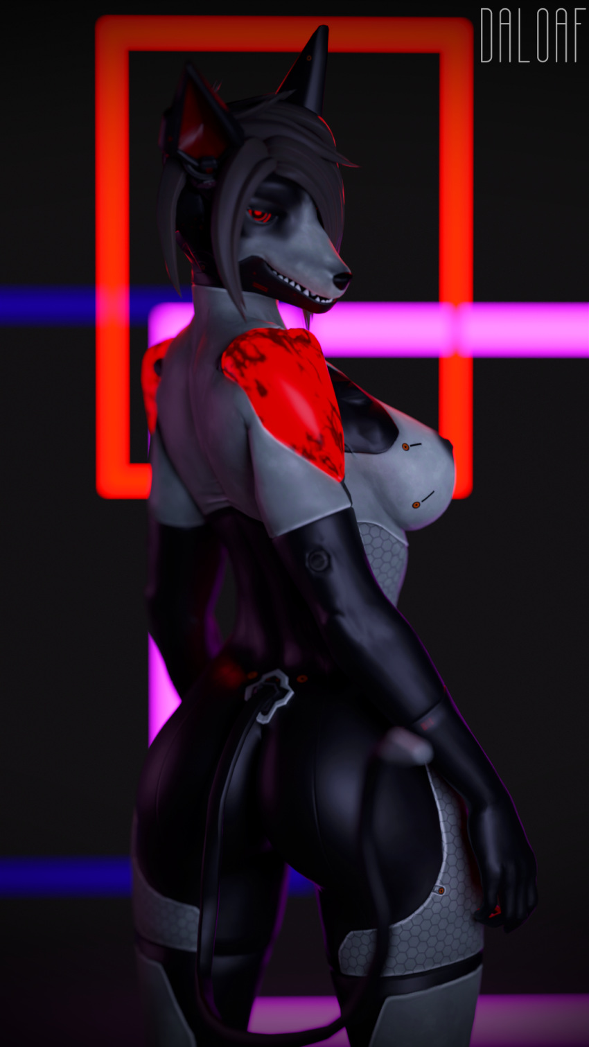 9:16 anthro breasts butt cybernetics cyborg daloaf female hair hi_res looking_at_viewer machine nipples nude robot simple_background smile solo