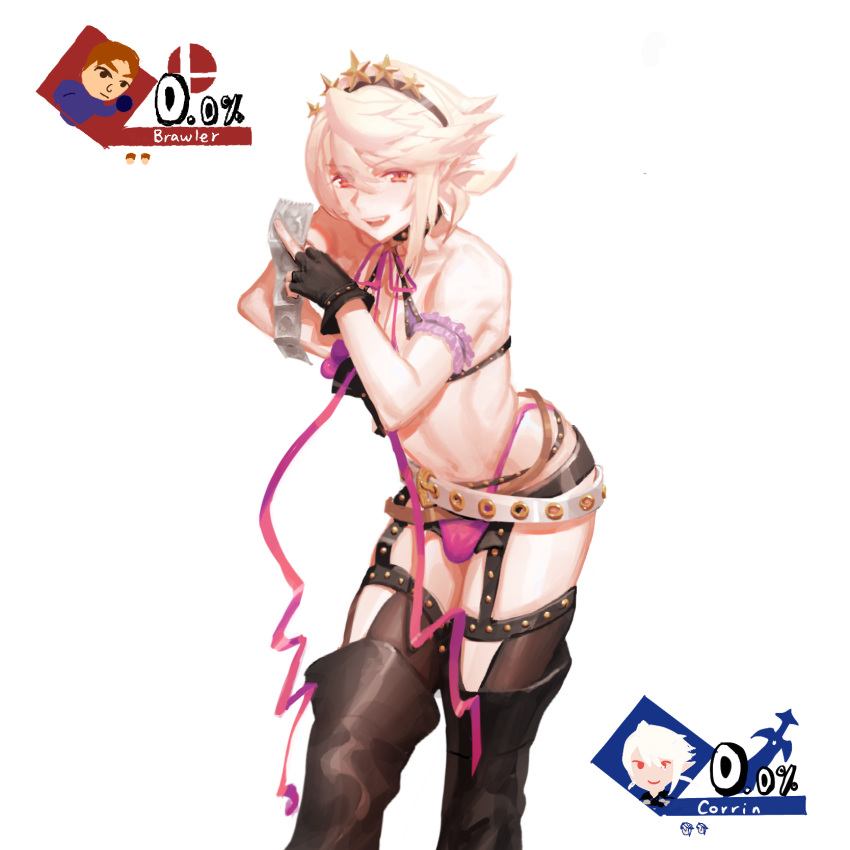 armband bare_shoulders bb_(fate)_(all) bb_(swimsuit_mooncancer)_(fate) bb_(swimsuit_mooncancer)_(fate)_(cosplay) blonde_hair boots bulge collarbone condom_wrapper corrin_(fire_emblem) corrin_(fire_emblem)_(male) cosplay fate/grand_order fate_(series) fingerless_gloves fire_emblem fire_emblem_fates gloves halterneck highres leaning_forward red_eyes samsara_(shuukeura) short_hair smile super_smash_bros. thighhighs
