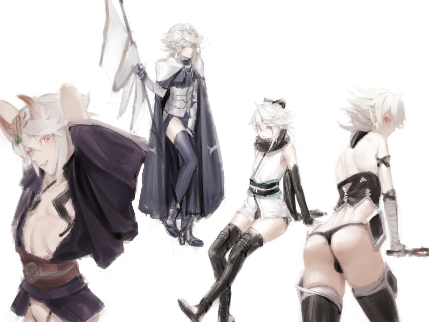 1boy armor ass black_bow boots bow bulge cape contrapposto corrin_(fire_emblem) corrin_(fire_emblem)_(male) corset fate/grand_order fate_(series) fire_emblem fire_emblem_fates fire_emblem_heroes hair_bow headpiece highres horns jack_the_ripper_(fate/apocrypha) japanese_clothes jeanne_d'arc_(fate)_(all) okita_souji_(fate) okita_souji_(fate)_(all) samsara_(shuukeura) shoulder_blades shuten_douji_(fate/grand_order) standard_bearer testicles thigh_boots thighhighs