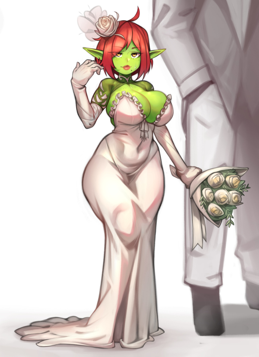 1boy 1girl absurdres ahoge bangs body_freckles borrowed_character bouquet breasts bride bursting_breasts cleavage commentary couple covered_navel curvy dress elbow_gloves english_commentary female_goblin flower freckles gloves goblin green_skin groom hair_flower hair_ornament hand_in_pocket head_out_of_frame height_difference hetero highres holding holding_bouquet husband_and_wife impossible_clothes impossible_dress kelvin_hiu large_breasts lips lipstick long_dress makeup mole mole_under_mouth no_bra original parted_bangs pointy_ears red_hair short_stack shrug_(clothing) solo_focus strapless strapless_dress sweatdrop wedding wedding_dress white_gloves yellow_eyes