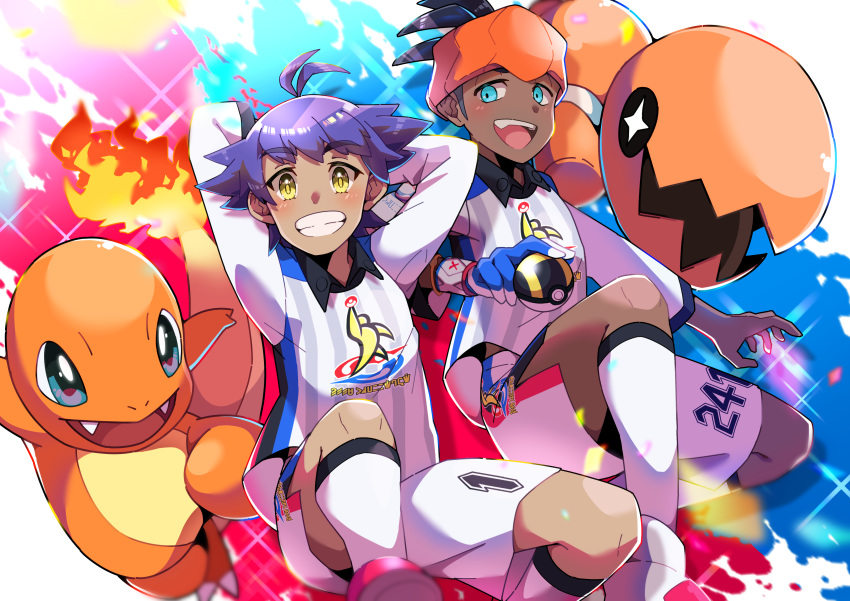 2boys absurdres arms_up black_hair blue_eyes blush charmander commentary_request dande_(pokemon) dark_skin dark_skinned_male fire gen_1_pokemon gen_3_pokemon gloves highres holding holding_poke_ball kibana_(pokemon) looking_at_viewer making-of_available multiple_boys open_mouth orange_headwear poke_ball pokemon pokemon_(creature) pokemon_(game) pokemon_swsh pon_yui print_shirt print_shorts purple_hair shirt shorts single_glove smile teeth tongue trapinch ultra_ball yellow_eyes younger