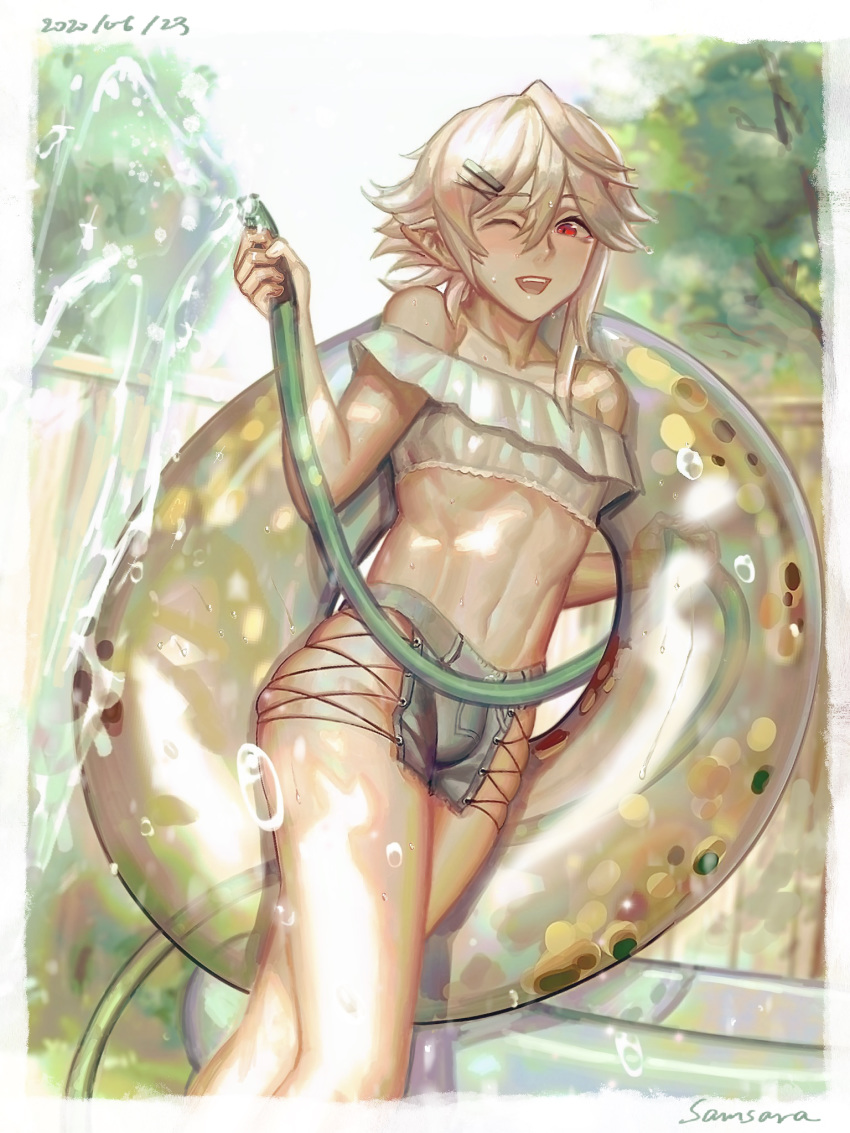 1boy :d abs blonde_hair bulge collarbone corrin_(fire_emblem) corrin_(fire_emblem)_(male) crossdressing fence fire_emblem fire_emblem_fates fire_emblem_heroes highres hose inflatable_toy navel one_eye_closed open_mouth outdoors red_eyes samsara_(shuukeura) shorts skindentation smile tree walking water