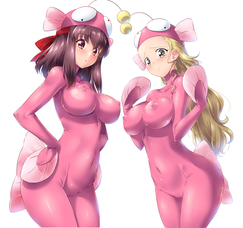 2girls anglerfish_costume blonde_hair blush bodysuit breasts brown_eyes brown_hair cameltoe closed_mouth collarbone commentary_request covered_navel covered_nipples girls_und_panzer green_eyes groin hands_on_hips highres impossible_bodysuit impossible_clothes kondou_taeko kuzuryuu_kennosuke large_breasts long_hair looking_at_viewer looking_to_the_side medium_hair multiple_girls no_bra no_panties open_mouth pink_bodysuit sasaki_akebi shiny shiny_clothes shiny_hair shiny_skin simple_background skin_tight smile standing upper_body white_background